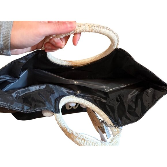 NWT Womens Team Bride Black & White Tote Bag Detachable Woven Ring Handles Pom - Picture 7 of 7